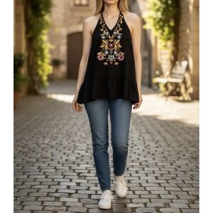 Grace & Emma Sleeveless Black Tunic Top Floral Embroidered Boho Flowy Size M